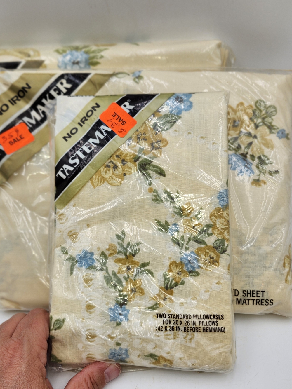 Lot Tastemaster vintage floral blue biege FULL sheet flat fitted pillowcase